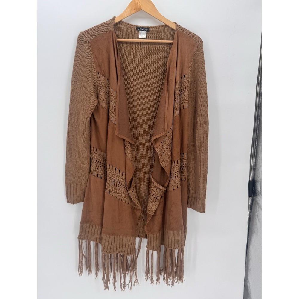 Venus Brown Faux Suede Crochet Fringe Open Front Cardigan Sweater Small Boho